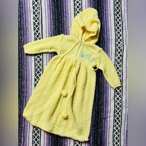 VTG 1980s Yellow Hooded Knit Baby Sleeper Gown with Embroidery